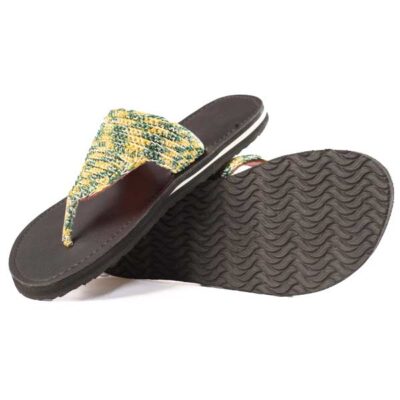 Female Handmade Leather Sandal with Green and Yellow Twine at Baobabmart