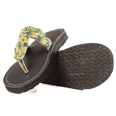 Female Kid Handmade Leather Sandal with Green and Yellow Twine