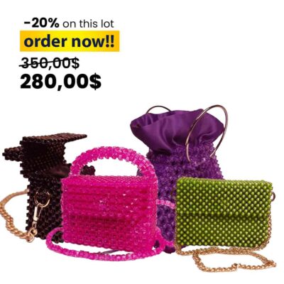 Pink Beaded Hand Bag + Black Beaded Hand Bag + Green Beaded Hand Bag + Purple Beaded Hand Bag