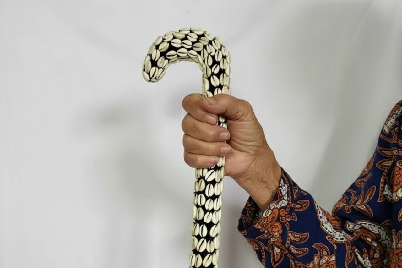 African Carved Cowrie Walking Stick – handcrafted functional art at BaobabMart.