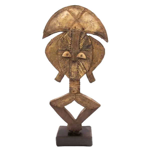 Kota Reliquary Authentic Antique African Sculpture, handcrafted metal art symbolizing African spirituality, available at BaobabMart.