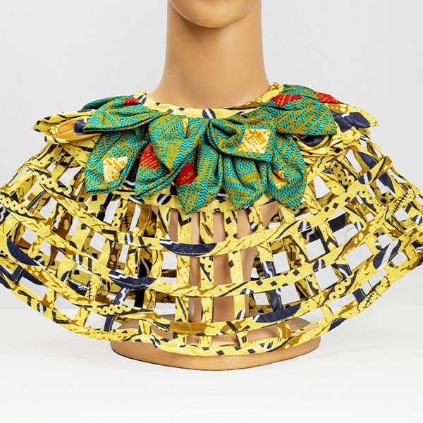 yellow and green Afritude cape 1 Afritude Neck Cape for Sale – Handmade African Afritude Neck Cape for sale with wax fabrics, available now at Baobabmart