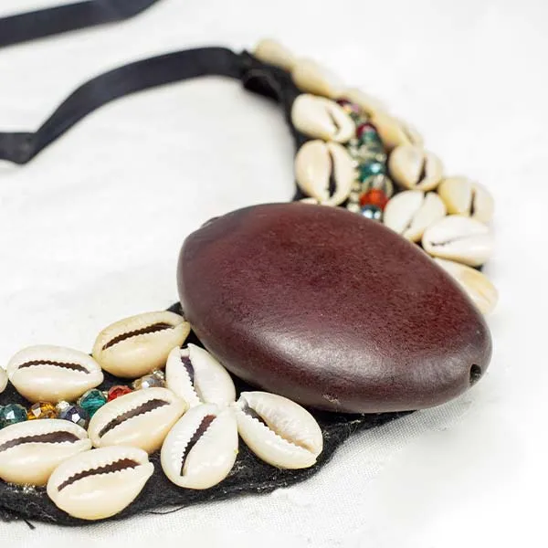 Shells and Beads Necklace for Sale – Handmade African Shells and Beads Necklace with central brown shell, available globally at Baobabmart