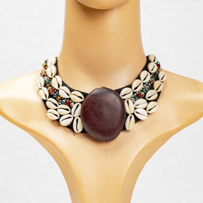 Shells and Beads Necklace for Sale – Handmade African Shells and Beads Necklace with central brown shell, available globally at Baobabmart