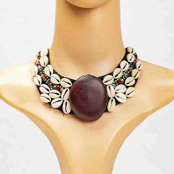 Shells and Beads Necklace for Sale – Handmade African Shells and Beads Necklace with central brown shell, available globally at Baobabmart